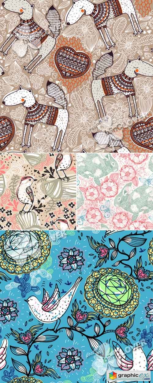 Vector Seamless pattern with animals and birds 0436