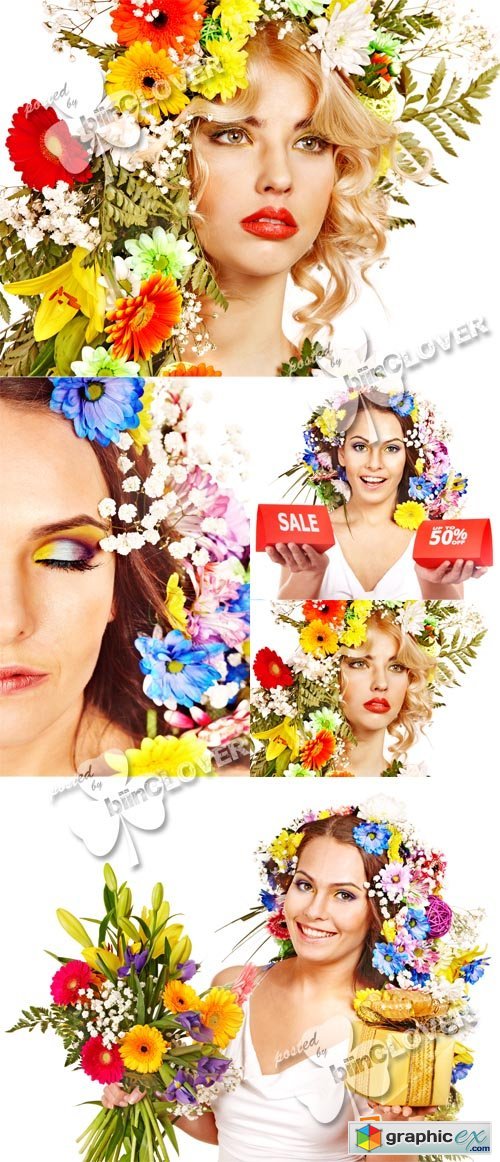 Woman  with flowers  and  sale banners 0554