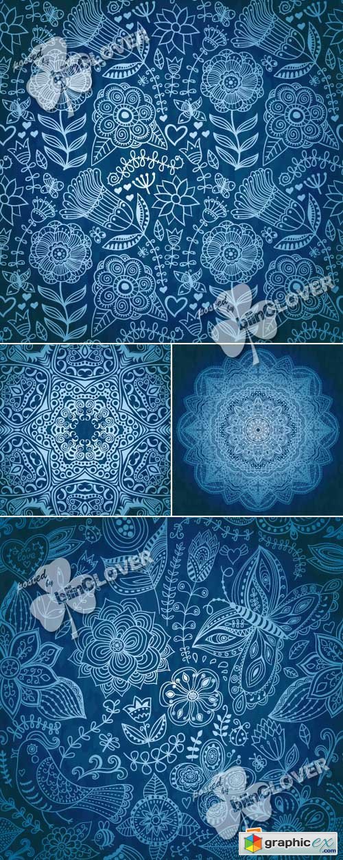 Vector Blue background with flowers, birds and butterflies 0385