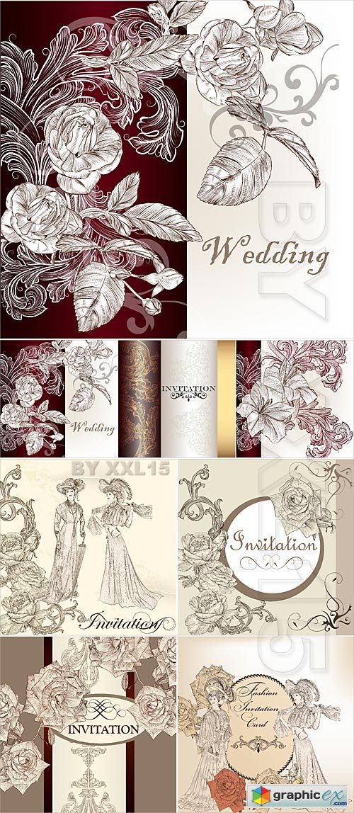 Vector Vintage vector invitation cards with flowers