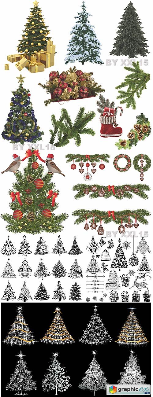 Vector Christmas trees and decorations