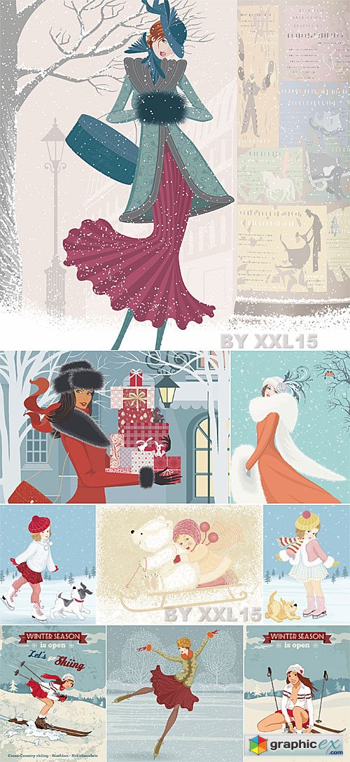 Vector Winter girls in retro style