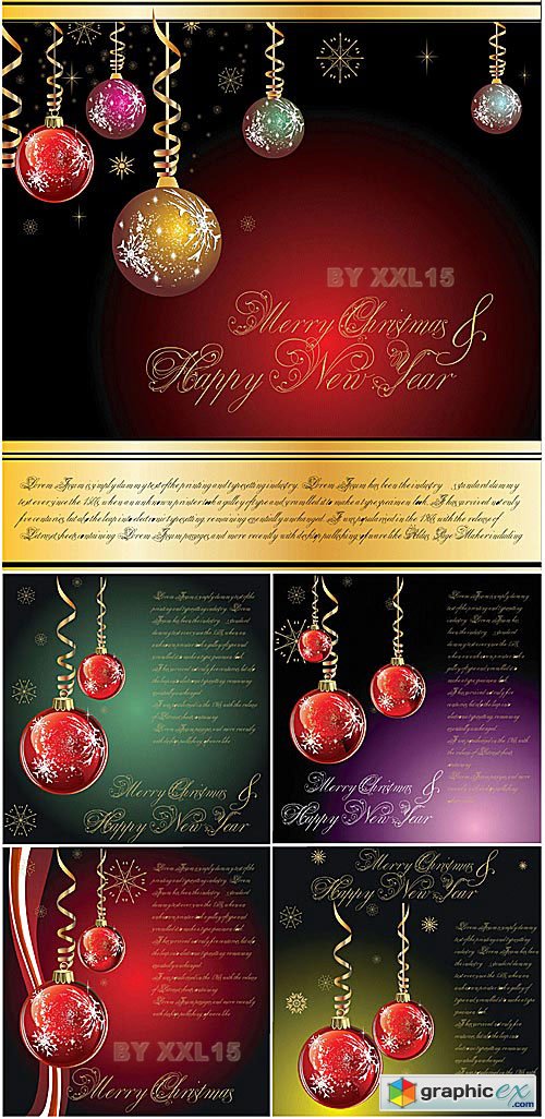 Vector Christmas cards with balls and ribbons
