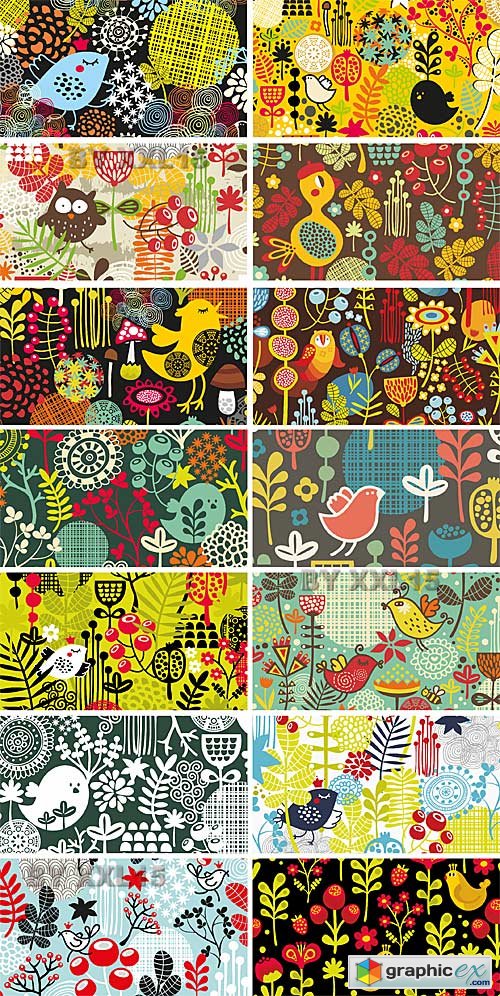 Vector Cards with birds and flowers