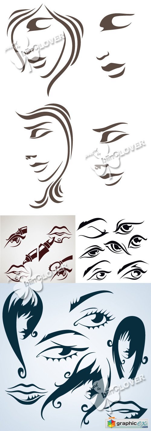 Vector Collection of women&#039;s faces, lips and eyes 0366