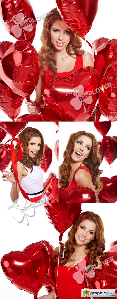 Beautiful woman with red ballons 0357