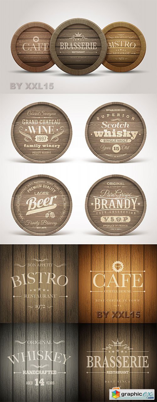 Vector Wooden barrel with restaurant labels