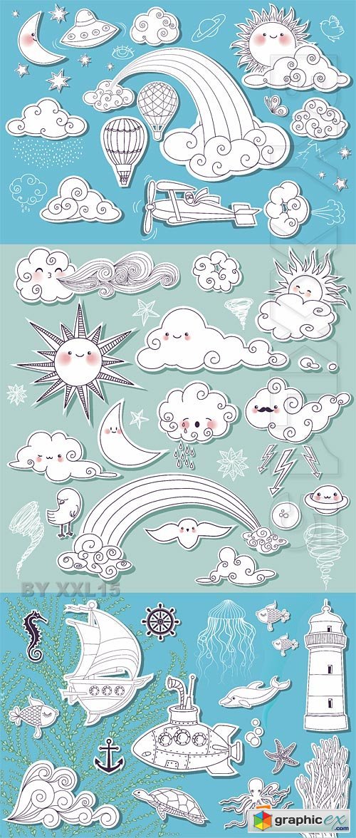Vector Sky and sea hand drawn symbols