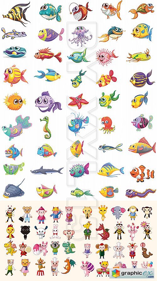 Vector Cartoon fishes and animals