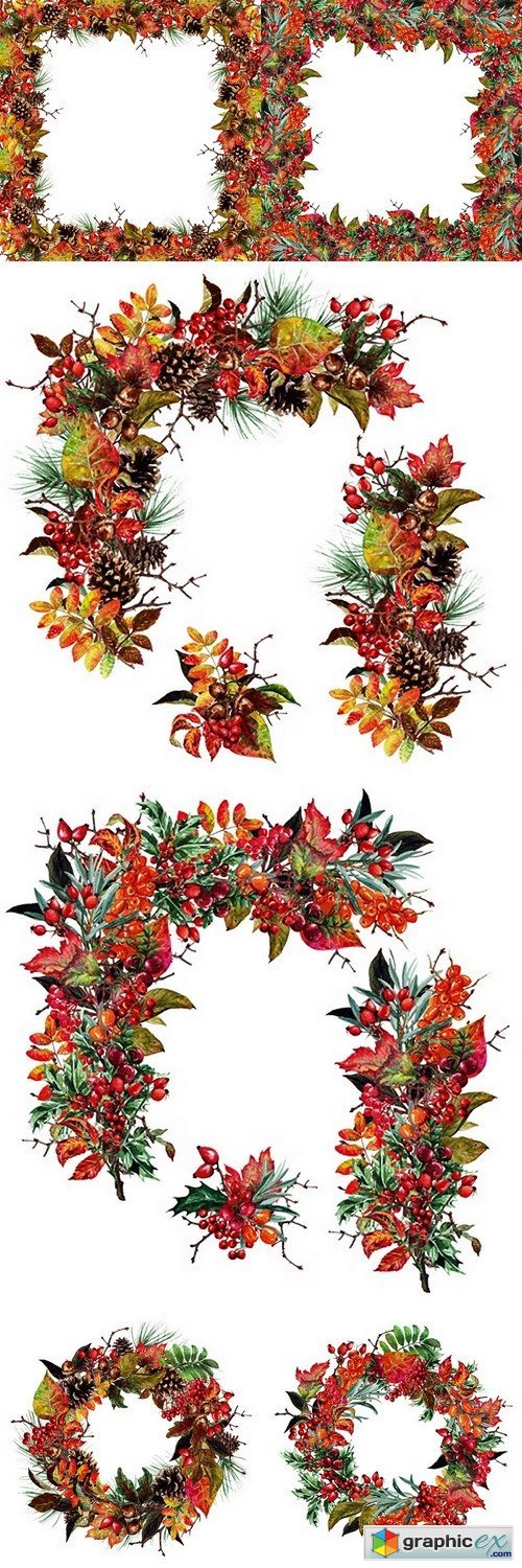 Autumn Decor and Design Elements, Watercolor Illustration
