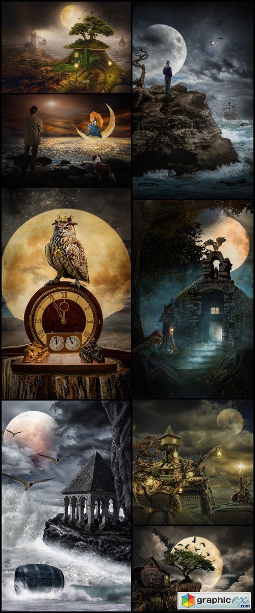 Fantastic castle, full moon 8X JPEG