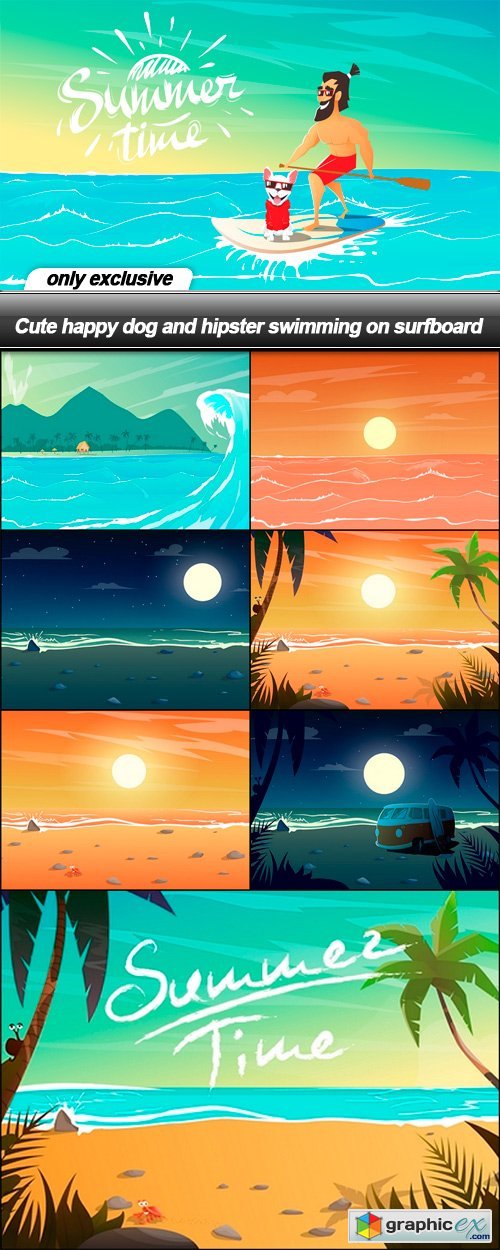 Cute happy dog and hipster swimming on surfboard - 8 EPS