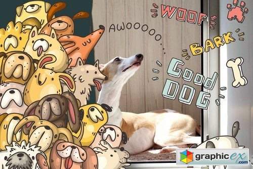 Set of funny dogs and patterns