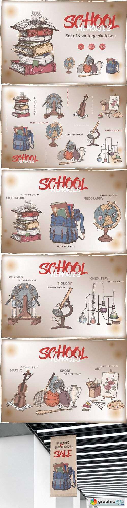 School memories vintage sketch set