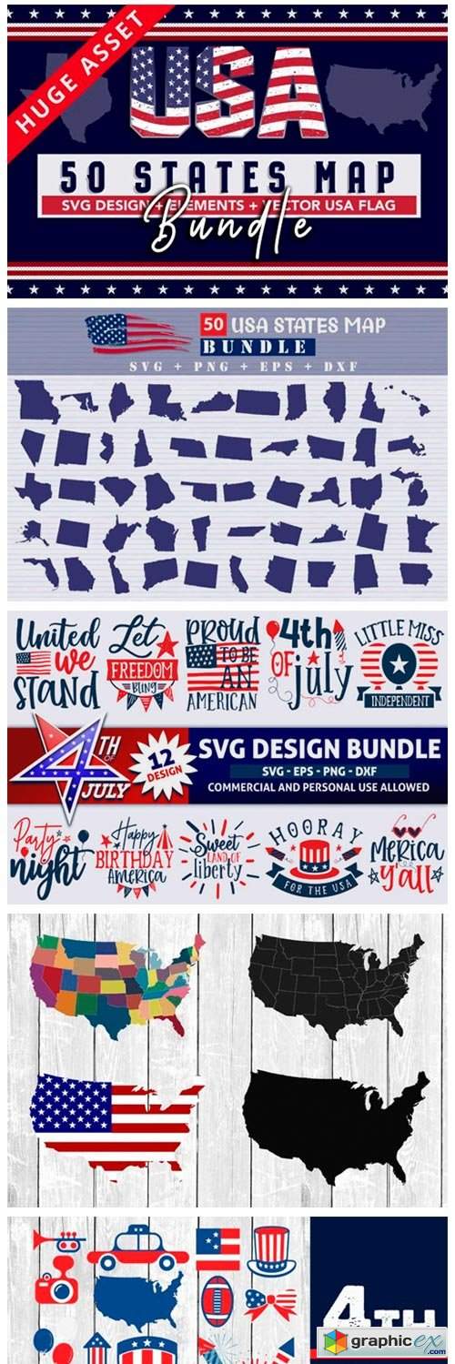  4th July, 50 USA States Map & Design 