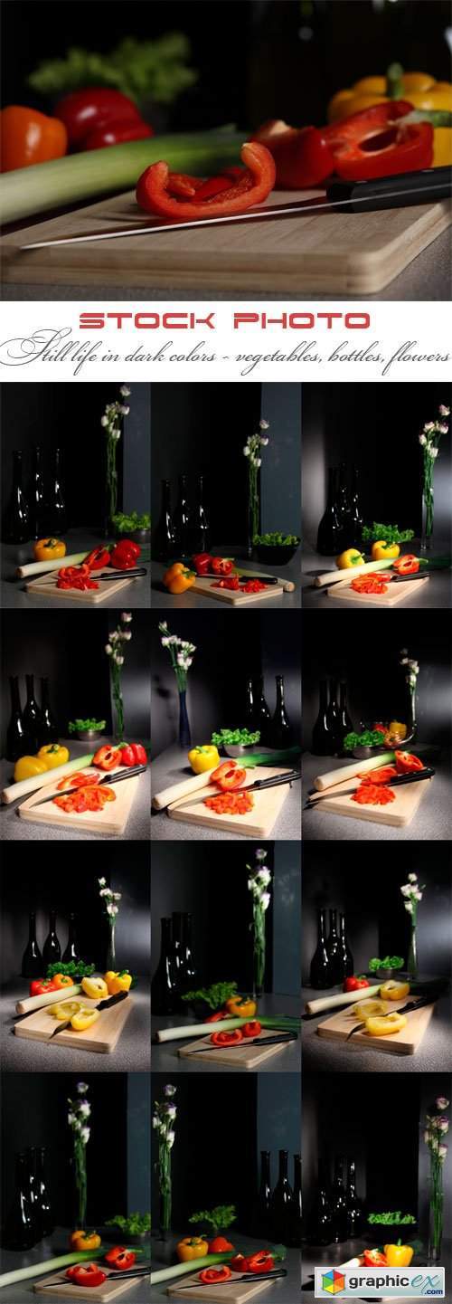 Still life in dark colors - vegetables, bottles, flowers