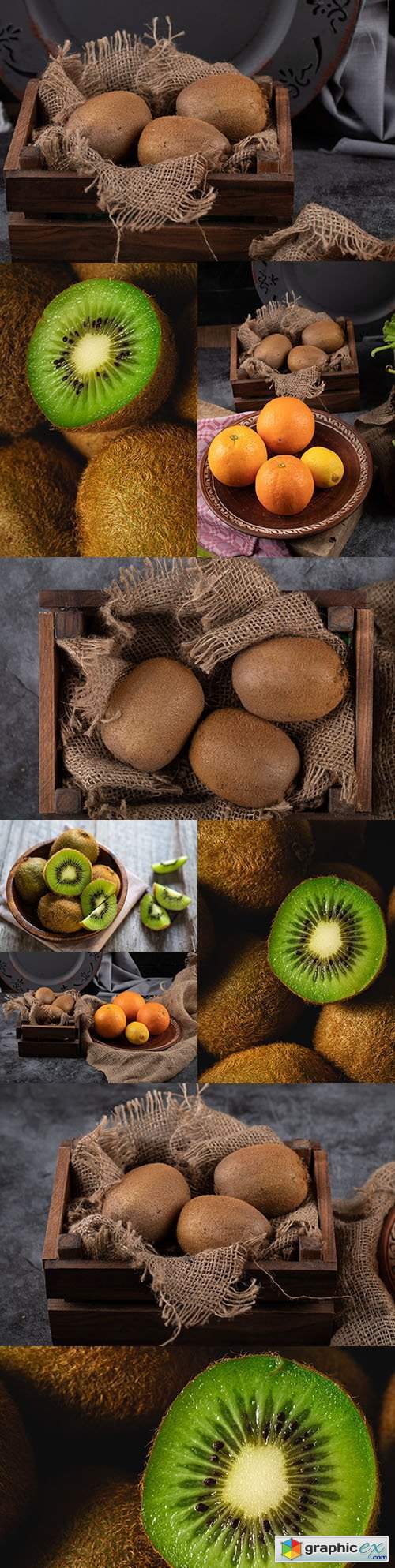 Kiwi and orange in drawer on sack and table