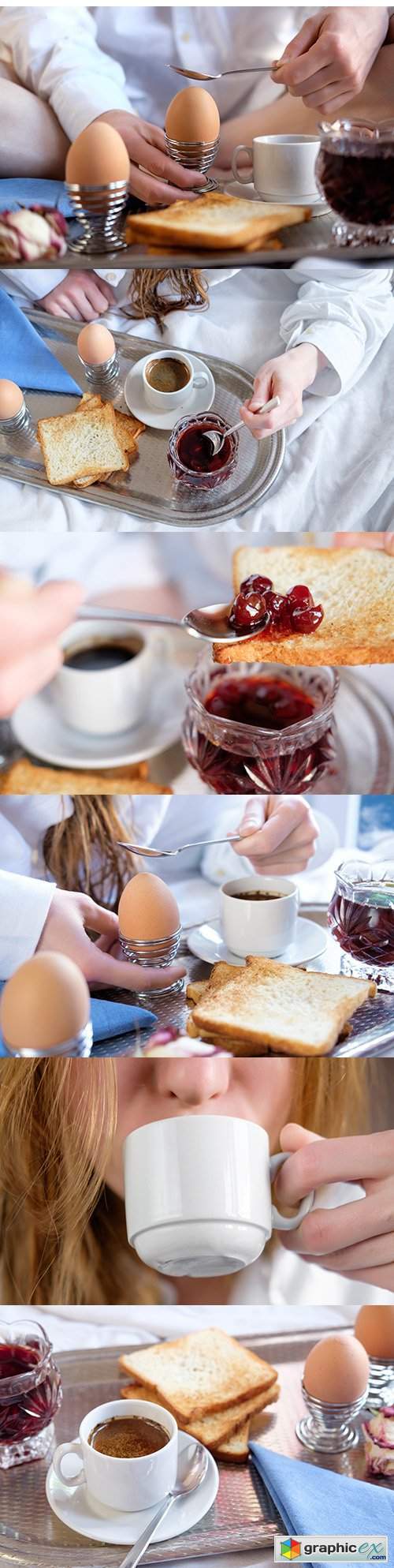 Five star hotel breakfast young girl with toast and eggs