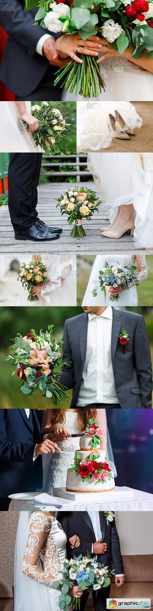 Groom and bride wedding bouquet and holiday cake