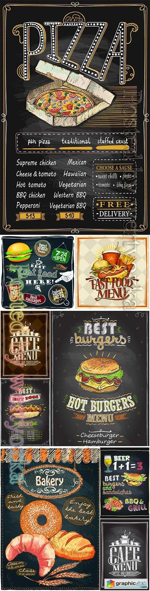 Cafe menu card design, fast food, pizza