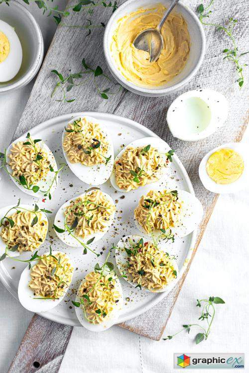  Deviled eggs on a white plate 
