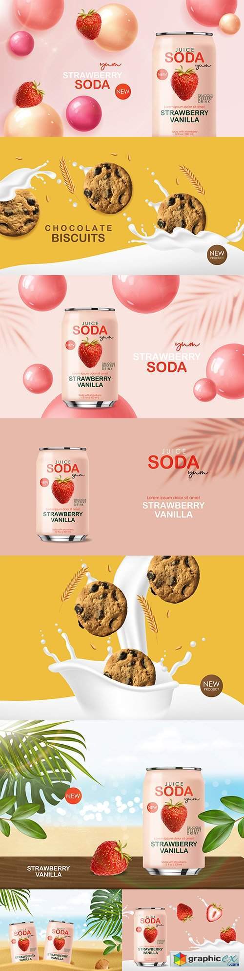Soda drink with fruit and chocolate cookies 3d realistic design