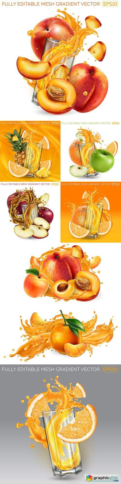 Whole fruit and bulls fruit juice realistic illustrations