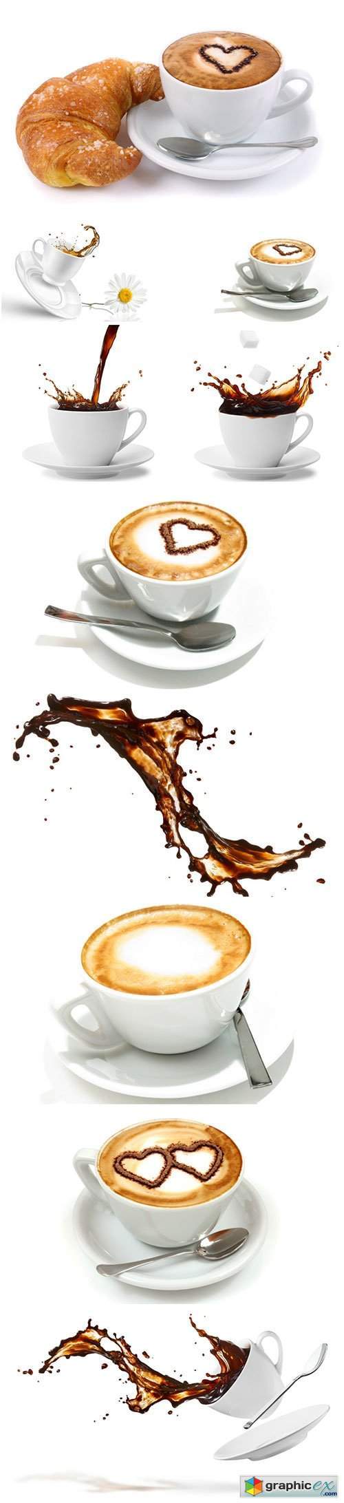 Coffee in white cups, coffee splashes