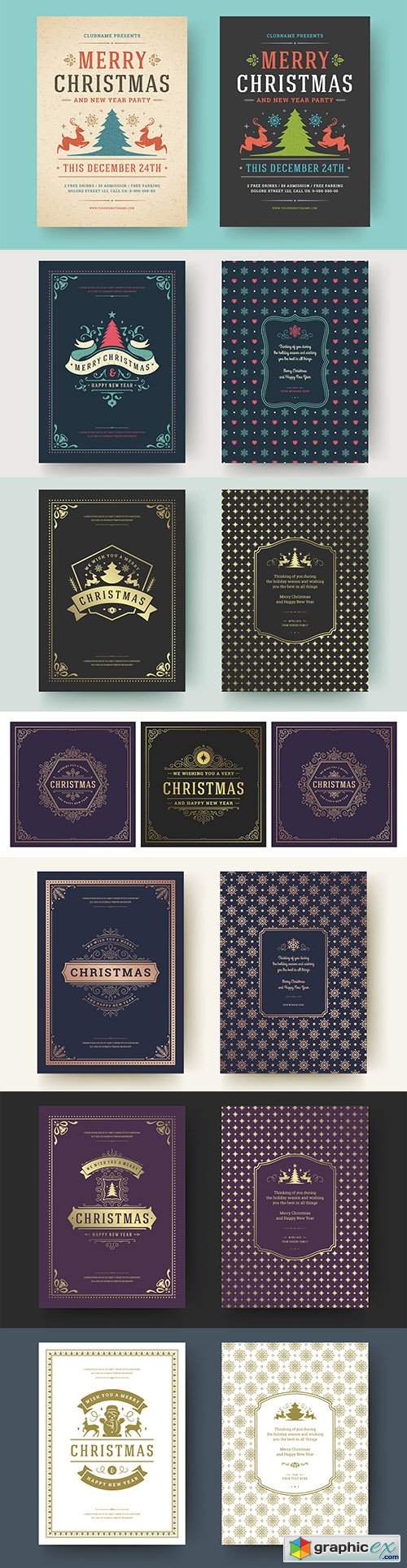  Christmas cards with vintage elements design template 