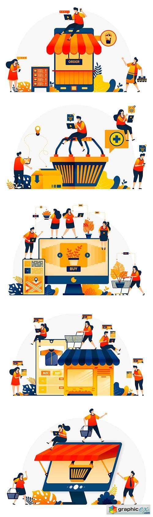 Illustration of shopping cart with people around to shop e-commerce