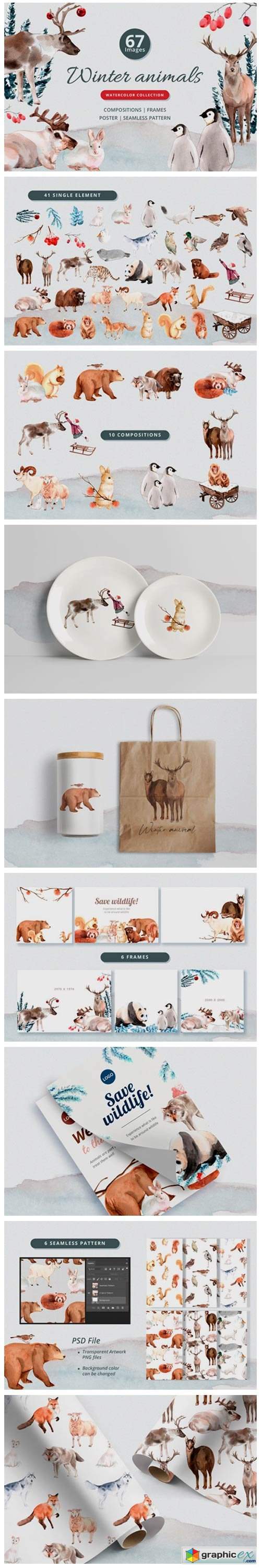  Winter Animals Watercolor Collection 