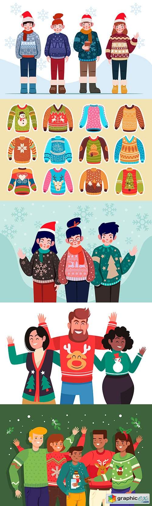  Happy people in knitted sweater with Christmas pattern 