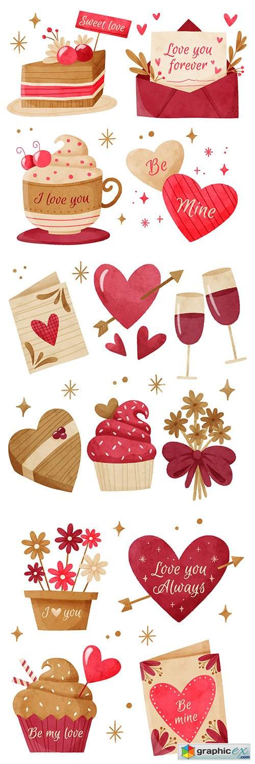  Valentine's Day design watercolor illustrations elements 