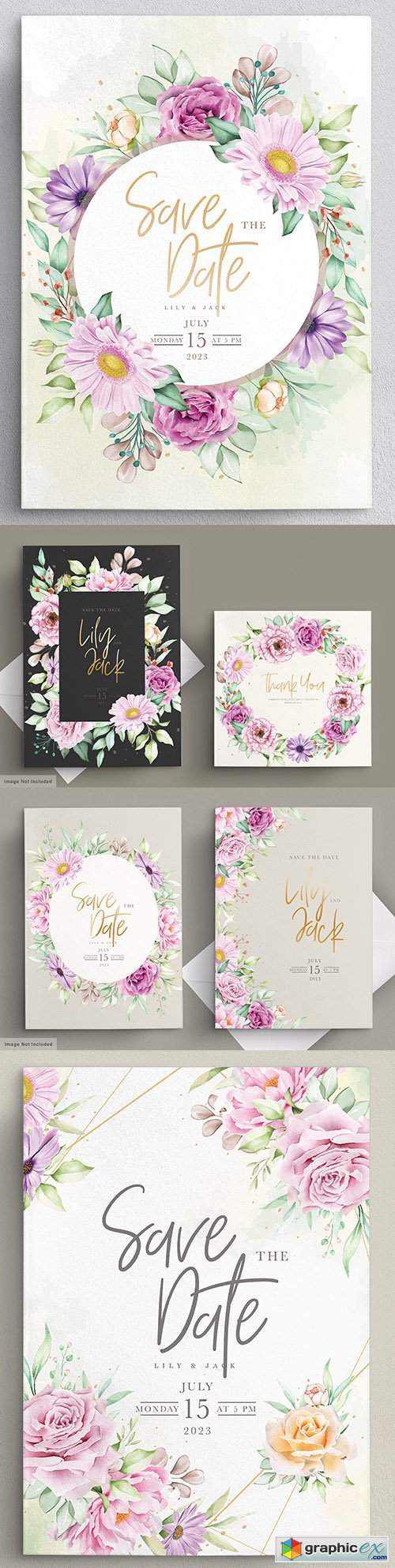 Set beautiful watercolor flowers wedding cards and invitations