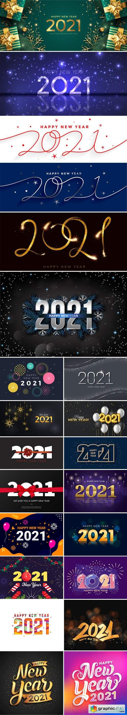  23 Happy New Year 2021 Backgrounds & Lettering Templates in Vector 
