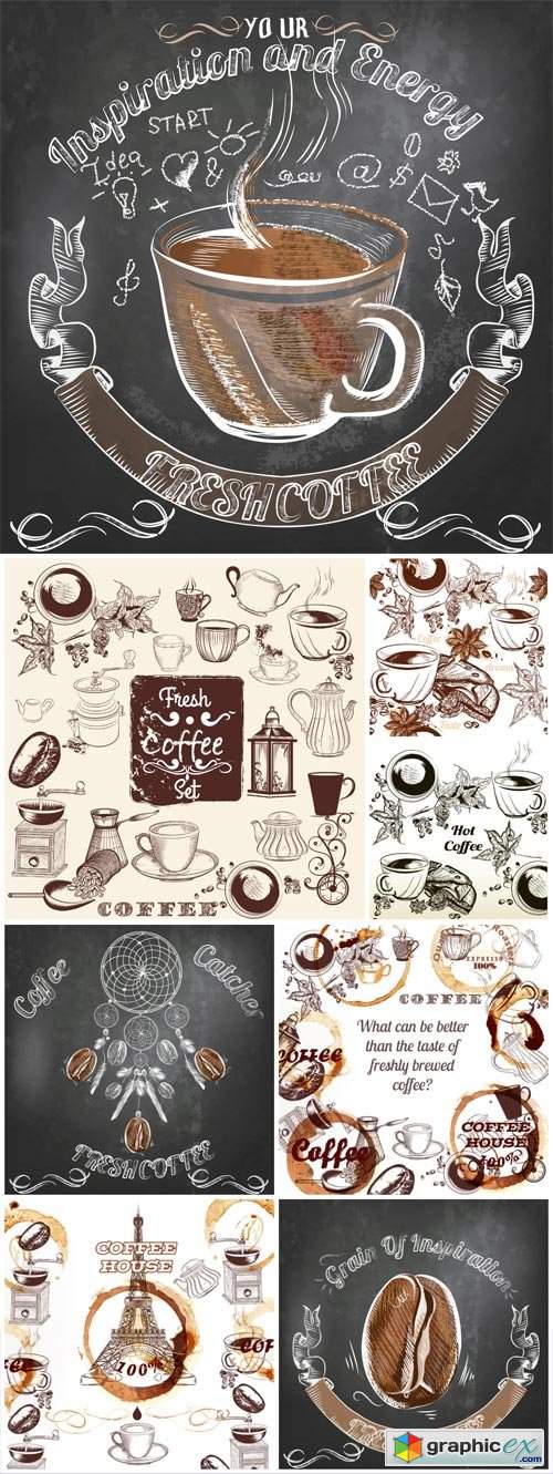  Coffee and various elements in vector 