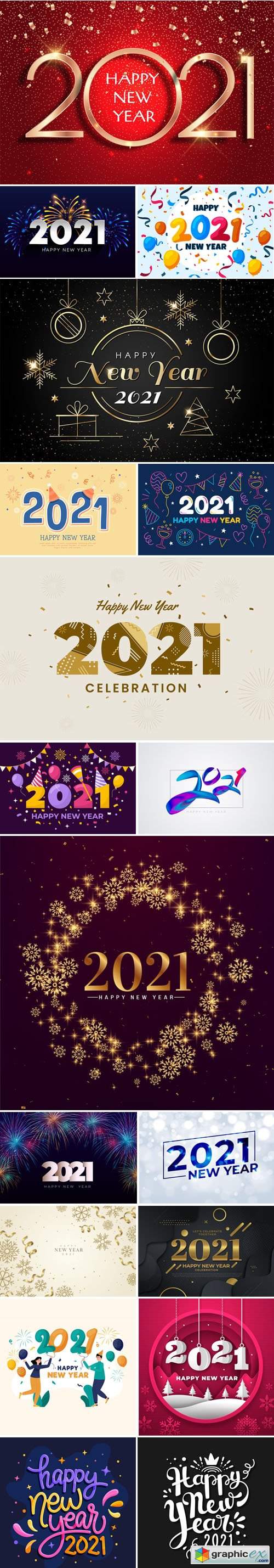  18 Happy New Year 2021 Backgrounds & Lettering Vector Collection 