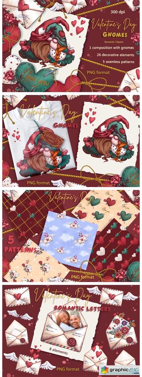  Valentine's Day. Gnomes. Holiday Clipart 