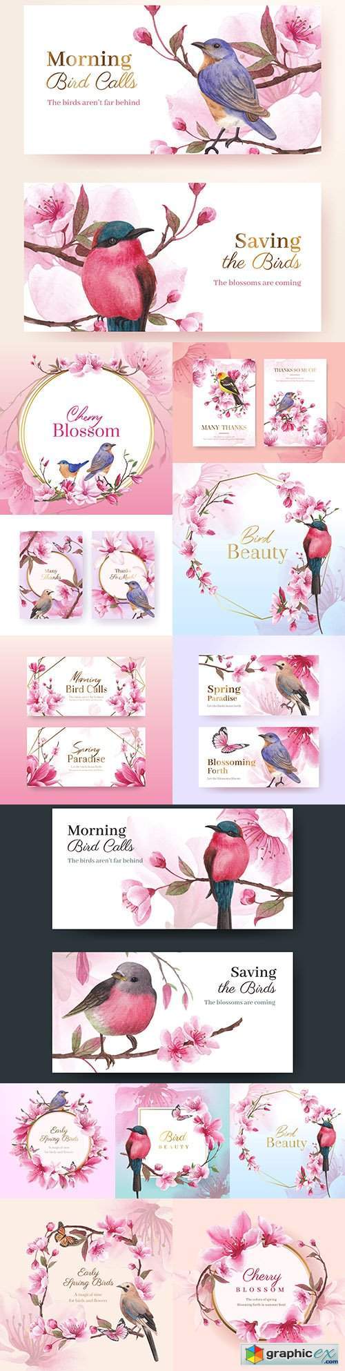 Thank you, design card with flowers and birds watercolor