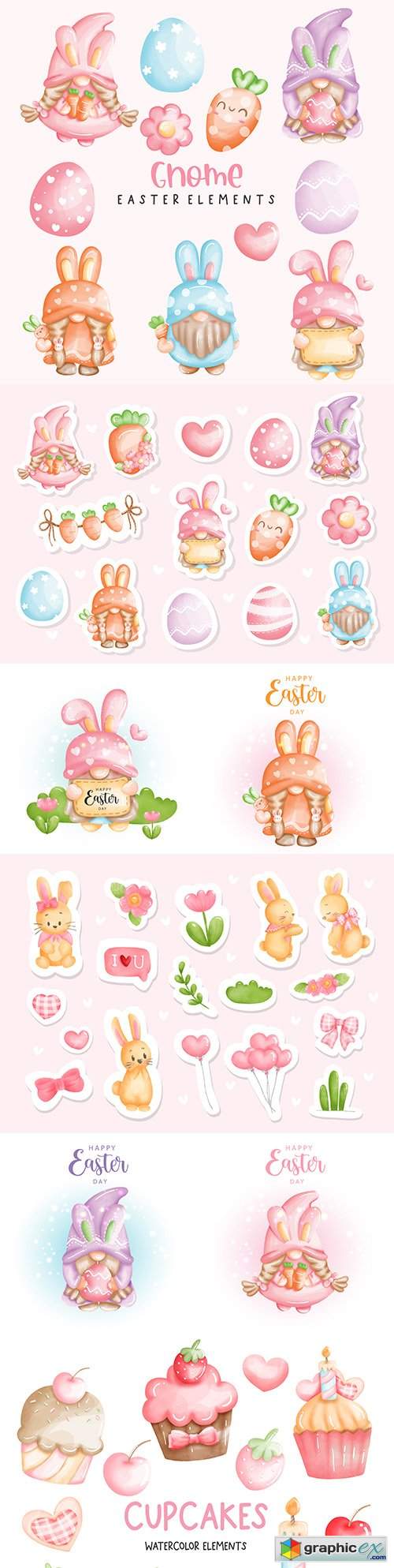  Happy Easter with cute gnome and watercolor stickers 