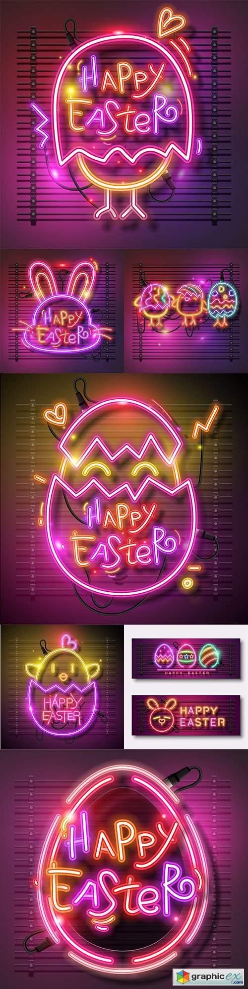 Happy Easter design banner with neon eggs illustration