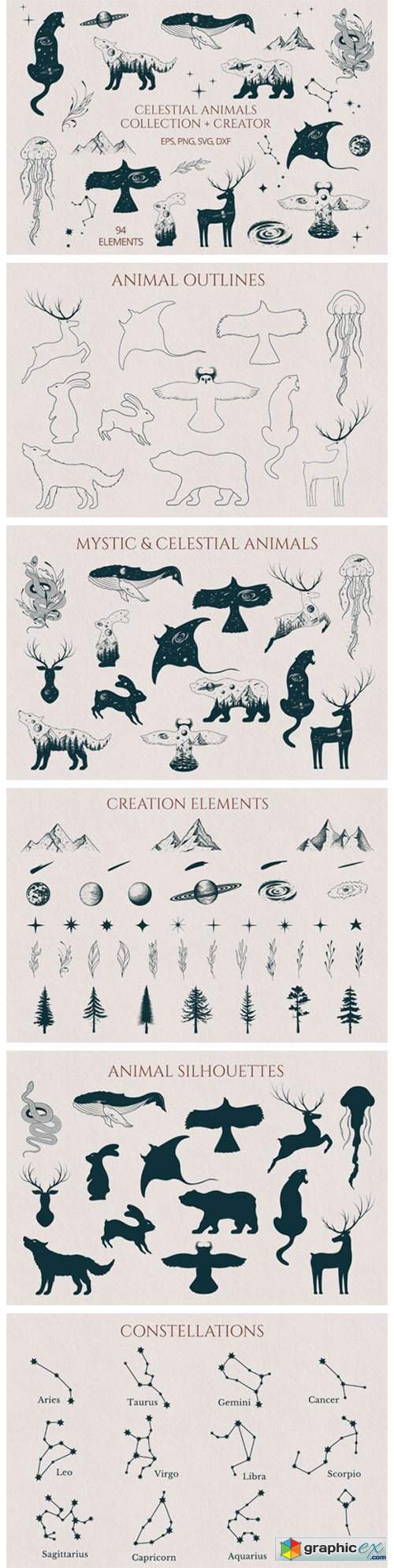  Hand Drawn Celestial Animals Collection 
