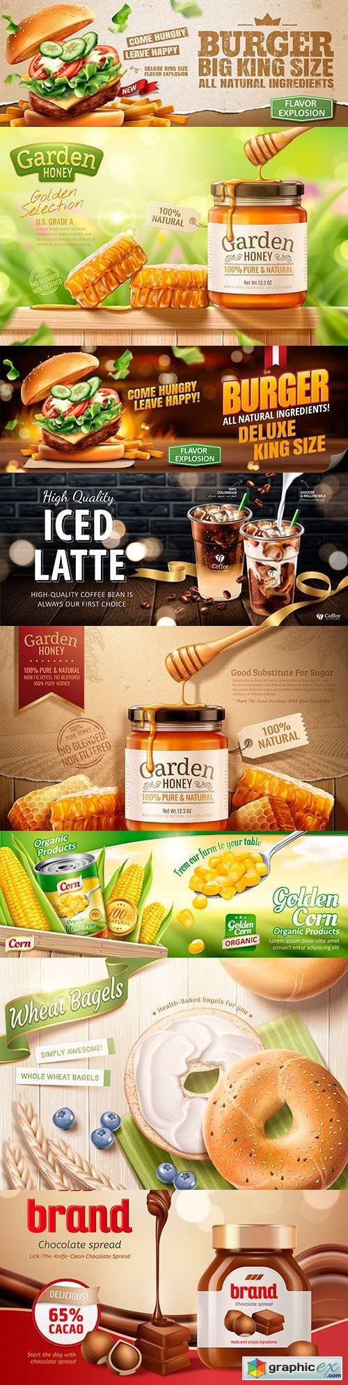 Tasty hamburger, garden honey and coffee advertising banner design