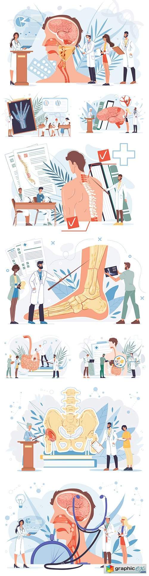 Cartoon heroes flat doctor at work and therapy concepts