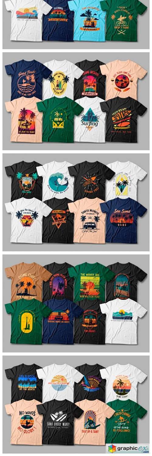 Surfing T-shirt Designs Bundle Editable