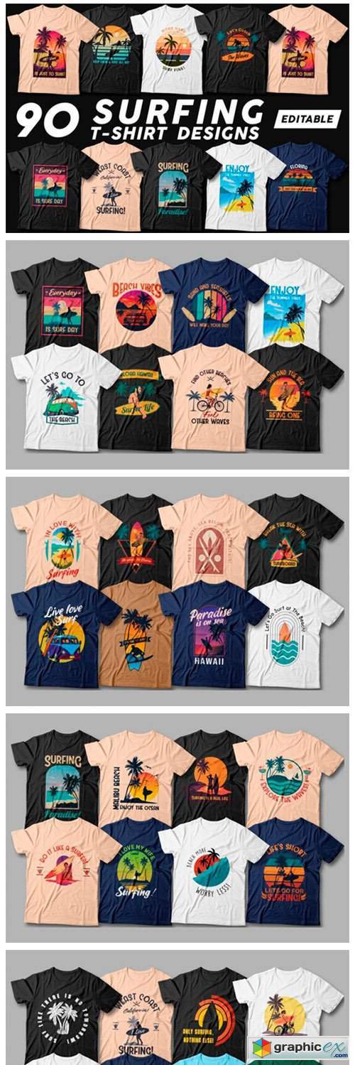 Surfing T-shirt Designs Bundle Editable