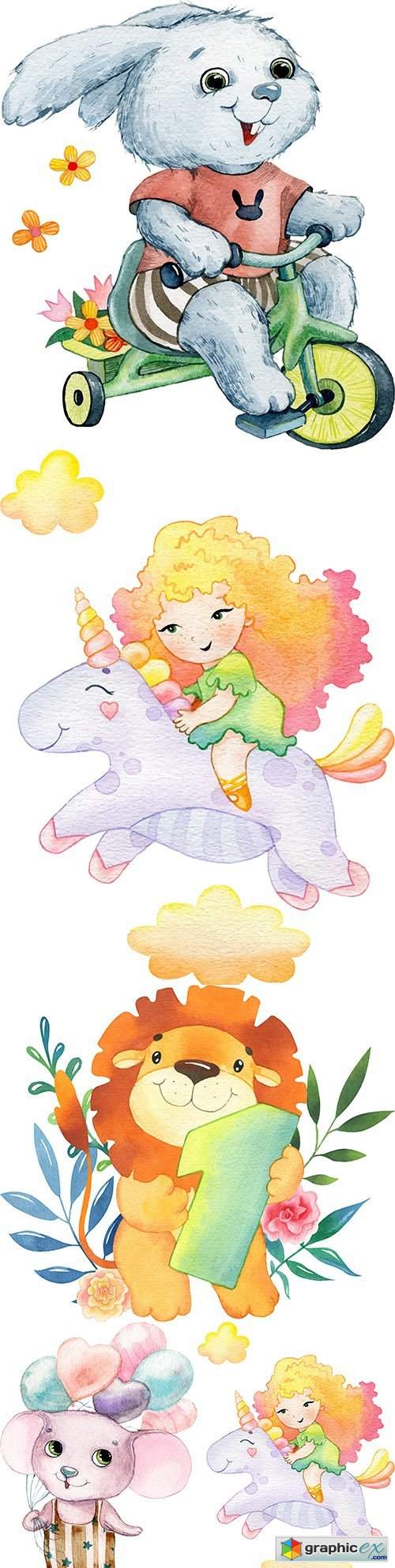  Cute animals watercolor illustrations of the globe 