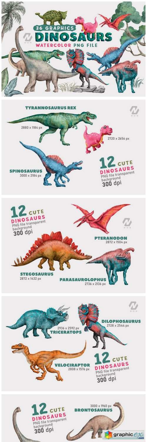 Cute Dinosaurs Watercolor PNG Clipart