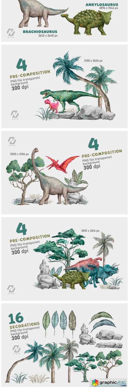 Cute Dinosaurs Watercolor PNG Clipart